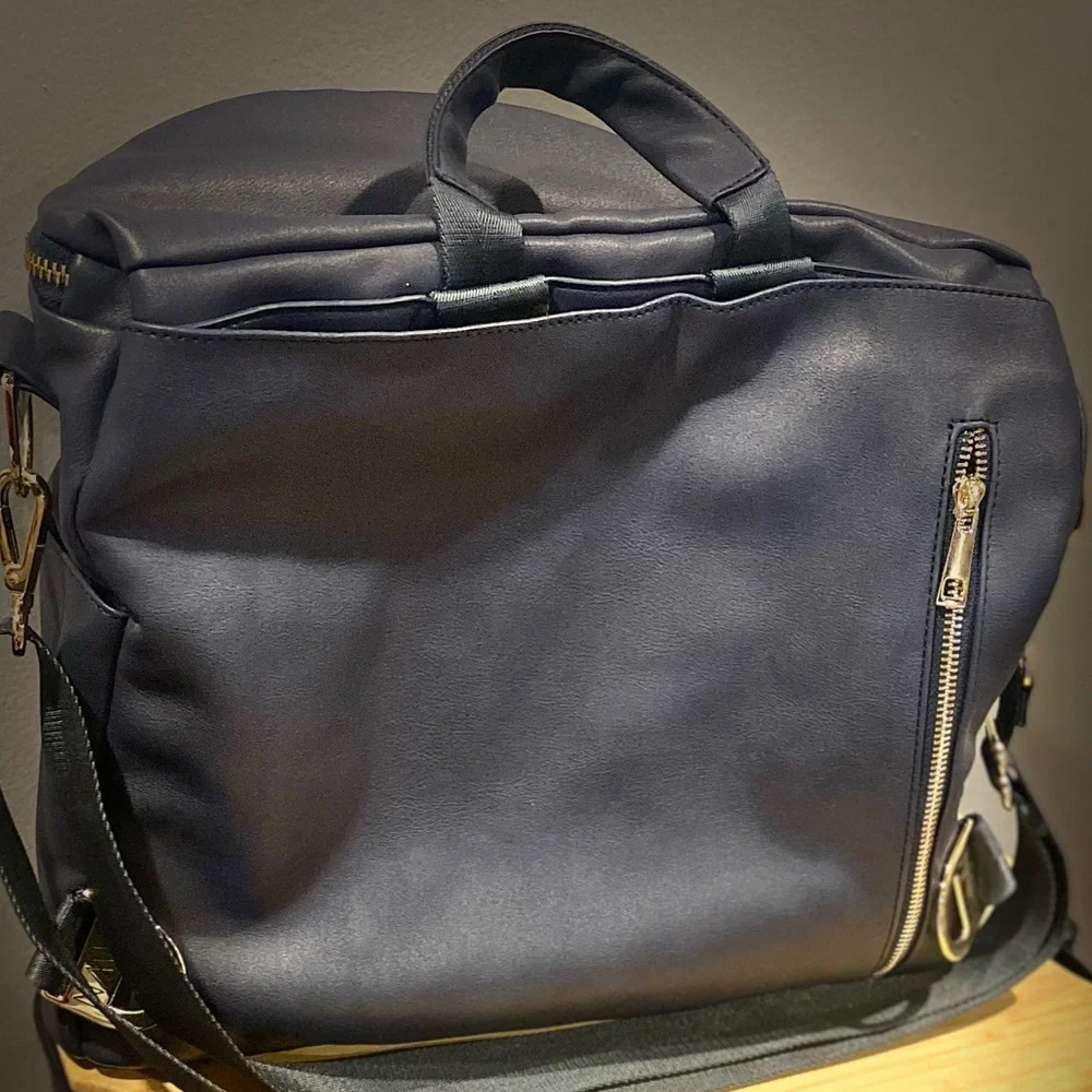 Fawn design navy blue leather diaper bag